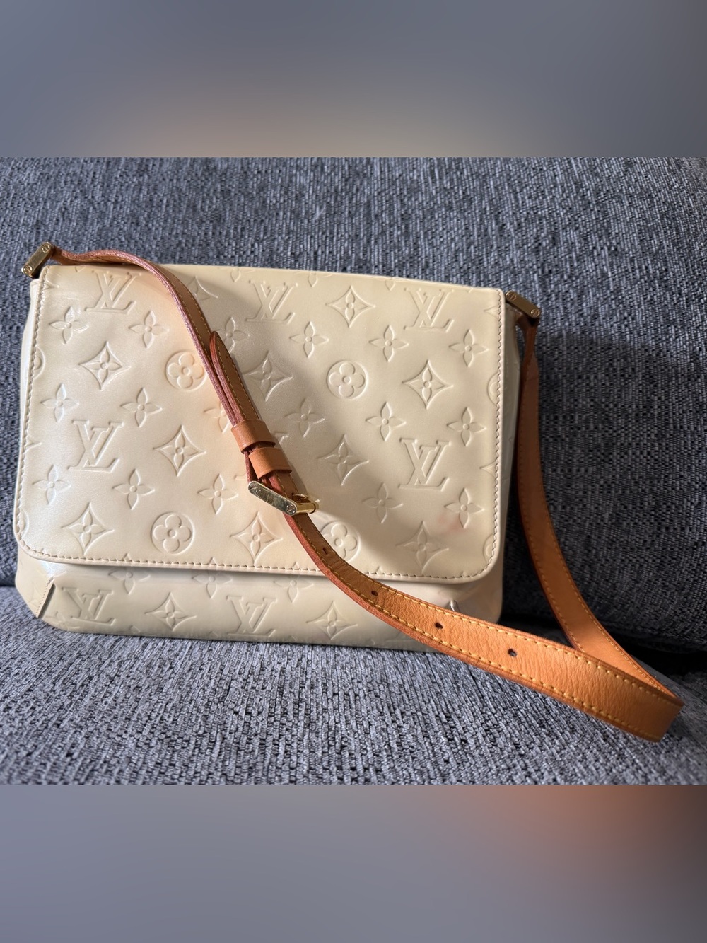 Louis Vuitton Cream Monogram Vernis Shoulder Bag with Tan Strap